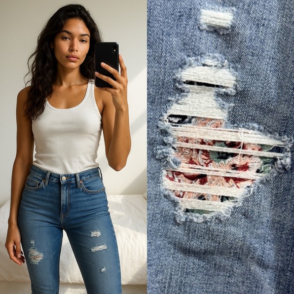 White House Black Market Womens Blue Jeans 12 Skinny Distressed Floral Patchwork - Picture 1 of 10